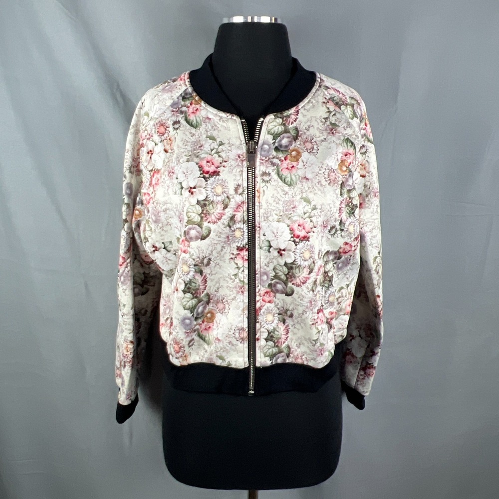 GN Basic Design Bomber Jacket Womens S Multi Floral Ribbed Long Sleeve Full Zip‎